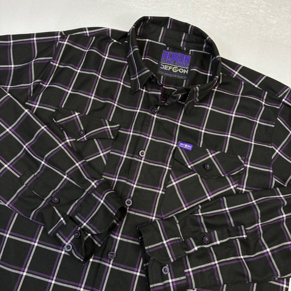 Dixxon Flannel Co‎ Defcon Powersports Shirt Mens 2XT Black Purple Plaid D-Tech